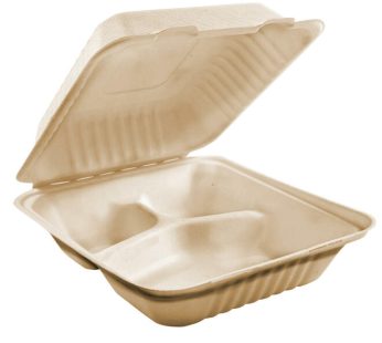 9×9″ 3-Compartment Sugarcane Clamshell (Tan) – 200ct