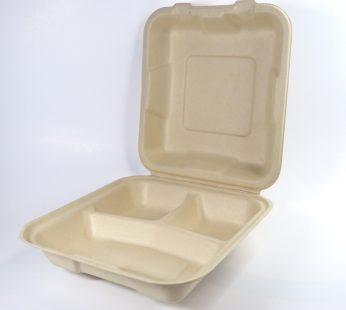 8X8″ 3-Compartment Medium Sugarcane Clamshell