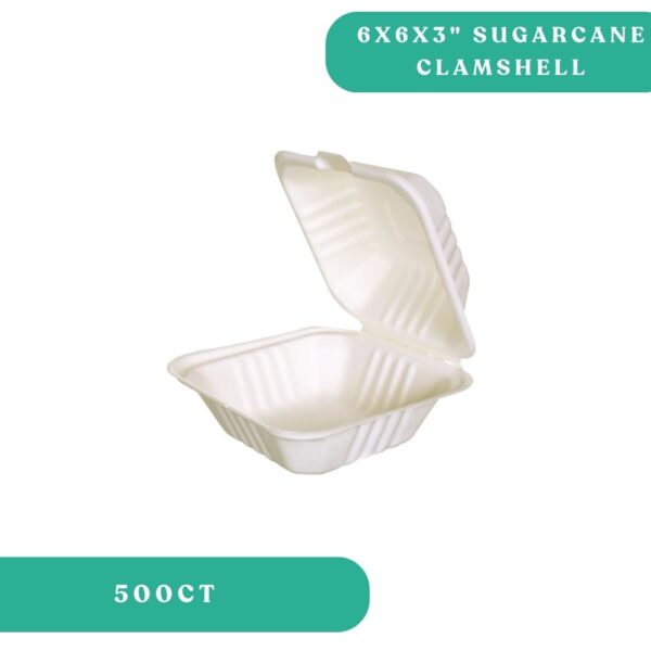 6x6x3" Medium Fiber Sugarcane Clamshell
