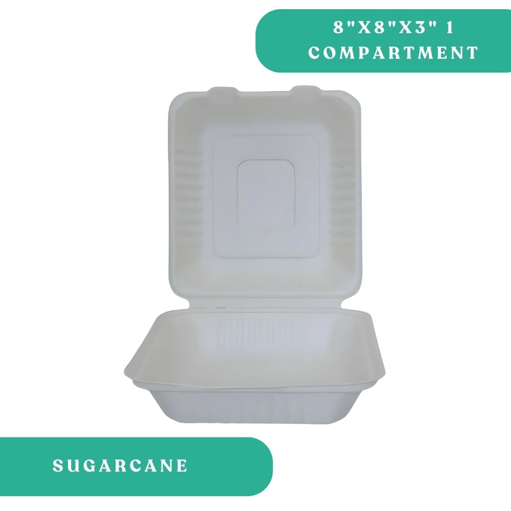 8×8×3" White Sugarcane Clamshell