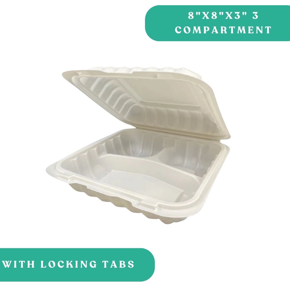 8×8×3″ 3‑Compartment PP Clamshell with Tabs
