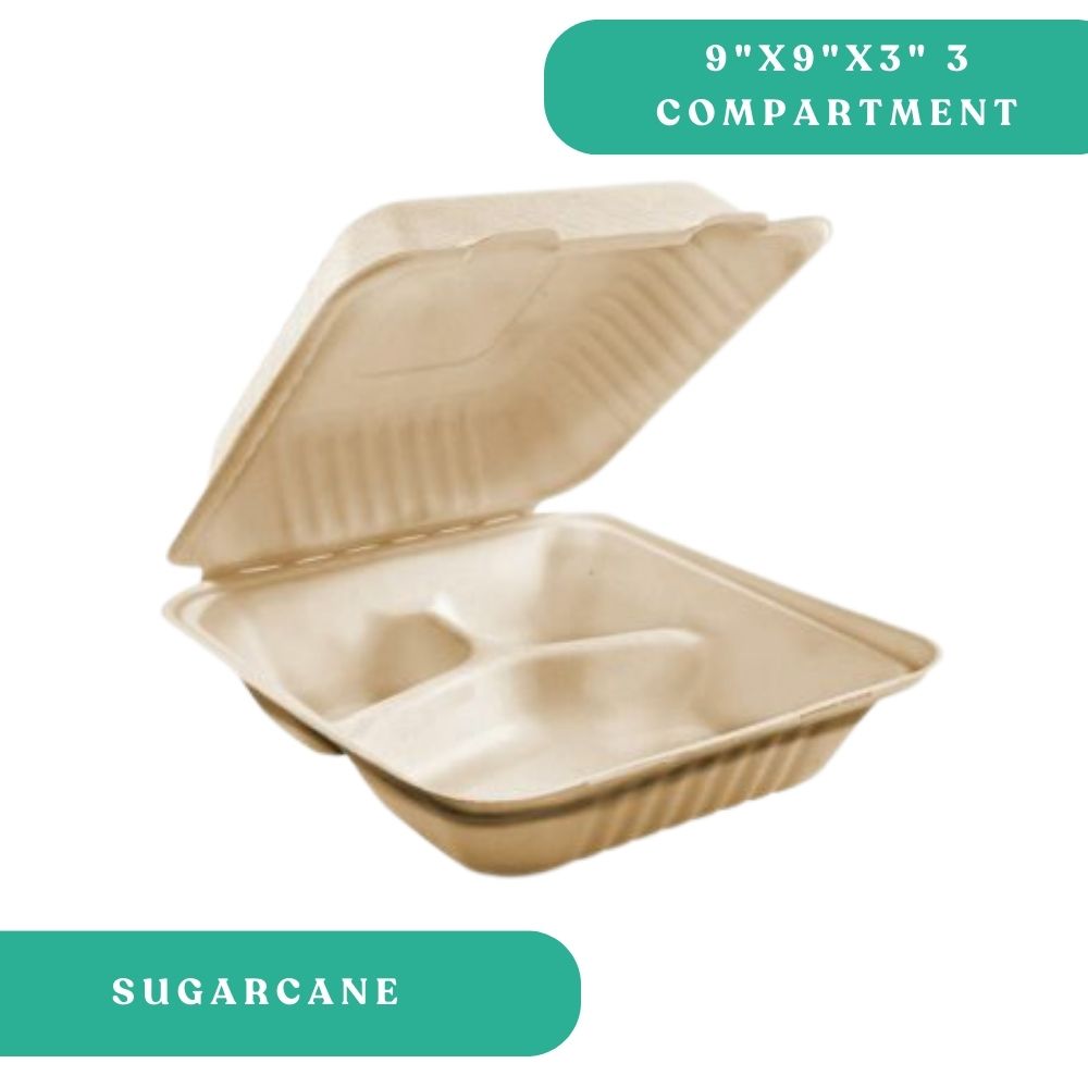 9x9x3 3-Compartment Sugarcane Clamshell