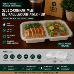 2-Compartment 32oz Rectangular Container + Lid