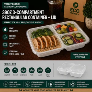 39oz 3-Compartment Rectangular Container + Lid