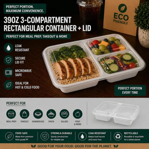 39oz 3-Compartment Rectangular Container + Lid