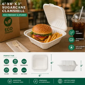 6x6x3″ Medium Fiber Sugarcane Clamshell