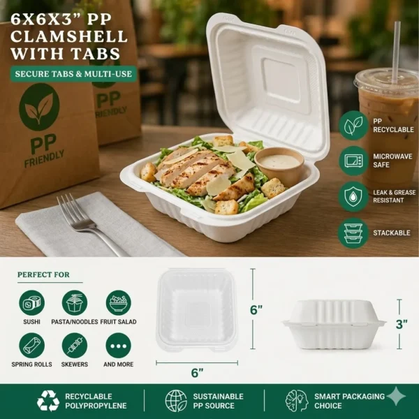 6x6x3" PP Clamshell with Tabs