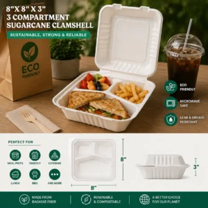 8x8x3” 3-Compartment Sugarcane Clamshell