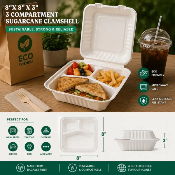 8x8x3” 3-Compartment Sugarcane Clamshell