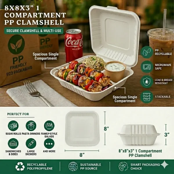 8x8x3" 1 Compartment PP Clamshell with Slit