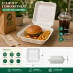 8x8x3" 1-Compartment White Sugarcane Clamshell