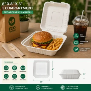 8x8x3″ 1-Compartment White Sugarcane Clamshell