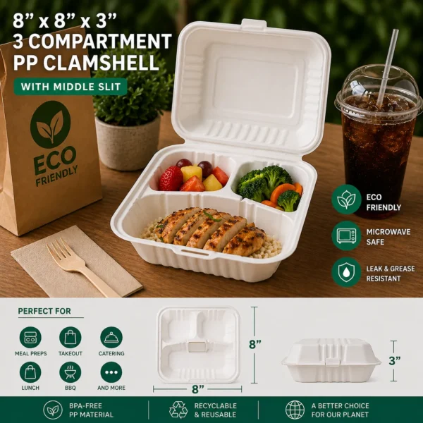 8x8x3" 3 Compartment PP Clamshell with Slit
