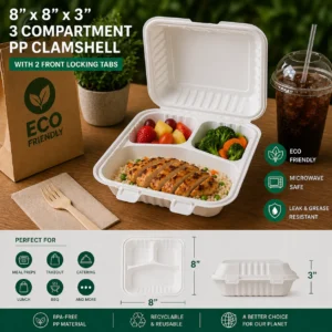 8x8x3″ 3 Compartment PP Hinged Clamshell with Tabs