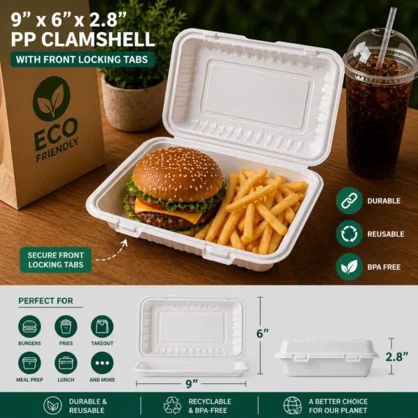 9x6x2.8" PP Hinged Clamshell