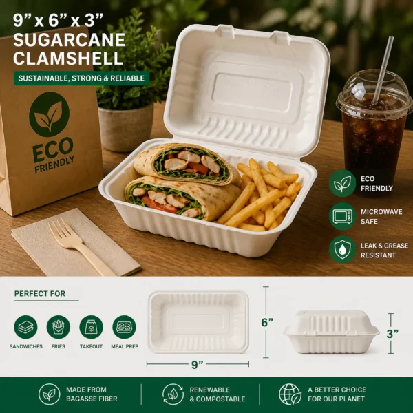9x6x3" Sugarcane Clamshell