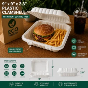 9x9x2.8″ 1-Compartment Plastic Clamshell with Tabs