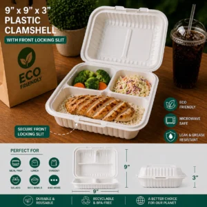 9x9x3″ 3-Compartment Plastic Clamshell with Slit