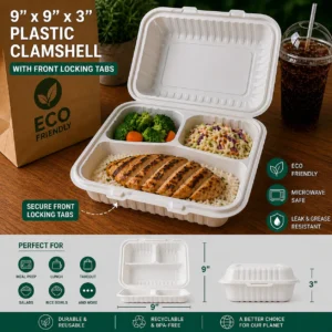 9x9x3″ 3-Compartment Plastic Clamshell with Tabs