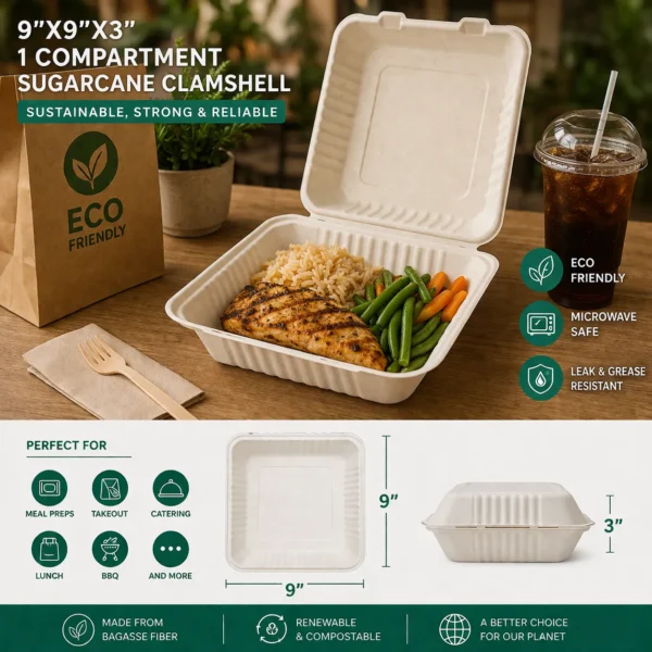 9×9x3″ 1-Compartment Sugarcane Clamshell