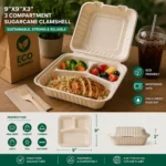 9×9x3″ 3-Compartment Sugarcane Clamshell
