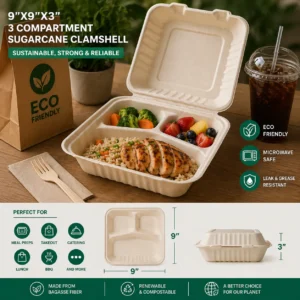 9×9×3″ 3-Compartment Sugarcane Clamshell