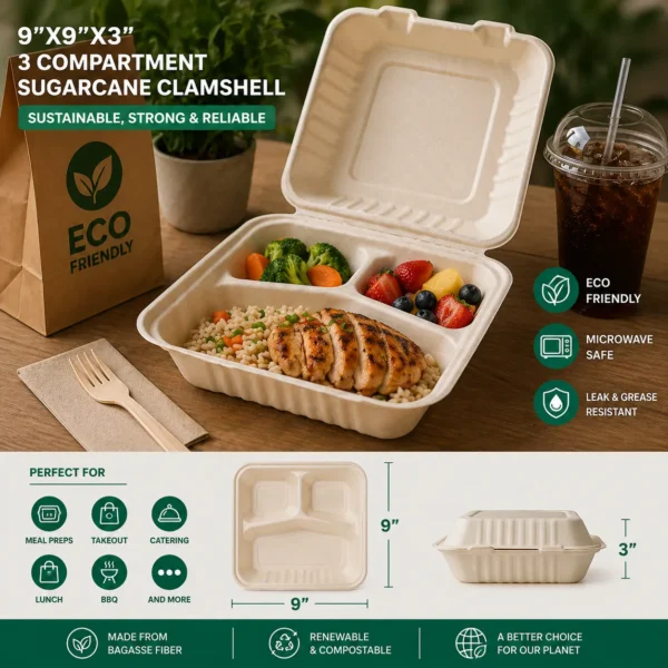 9×9x3″ 3-Compartment Sugarcane Clamshell