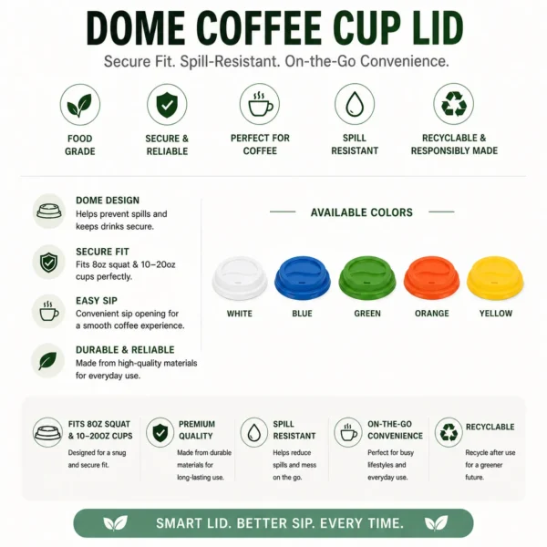 Green Dome Coffee Lid – Fits 8oz Squat, 10 – 20oz