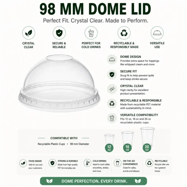 Dome Lid for 12 to 20oz Recyclable Plastic Cup