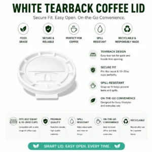 White Tearback Coffee Lid – Fits 8oz Squat, 10 – 20oz