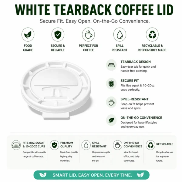 White Tearback Coffee Lid - Fits 8oz Squat, 10 - 20oz